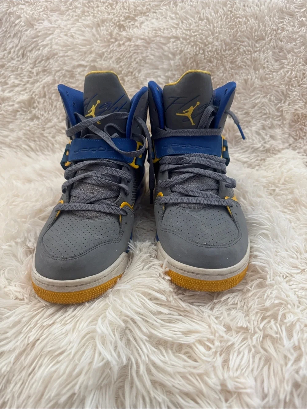 Jordan Flight 45 High Laney High-Top Sneakers in Gray, Blue & Yellow